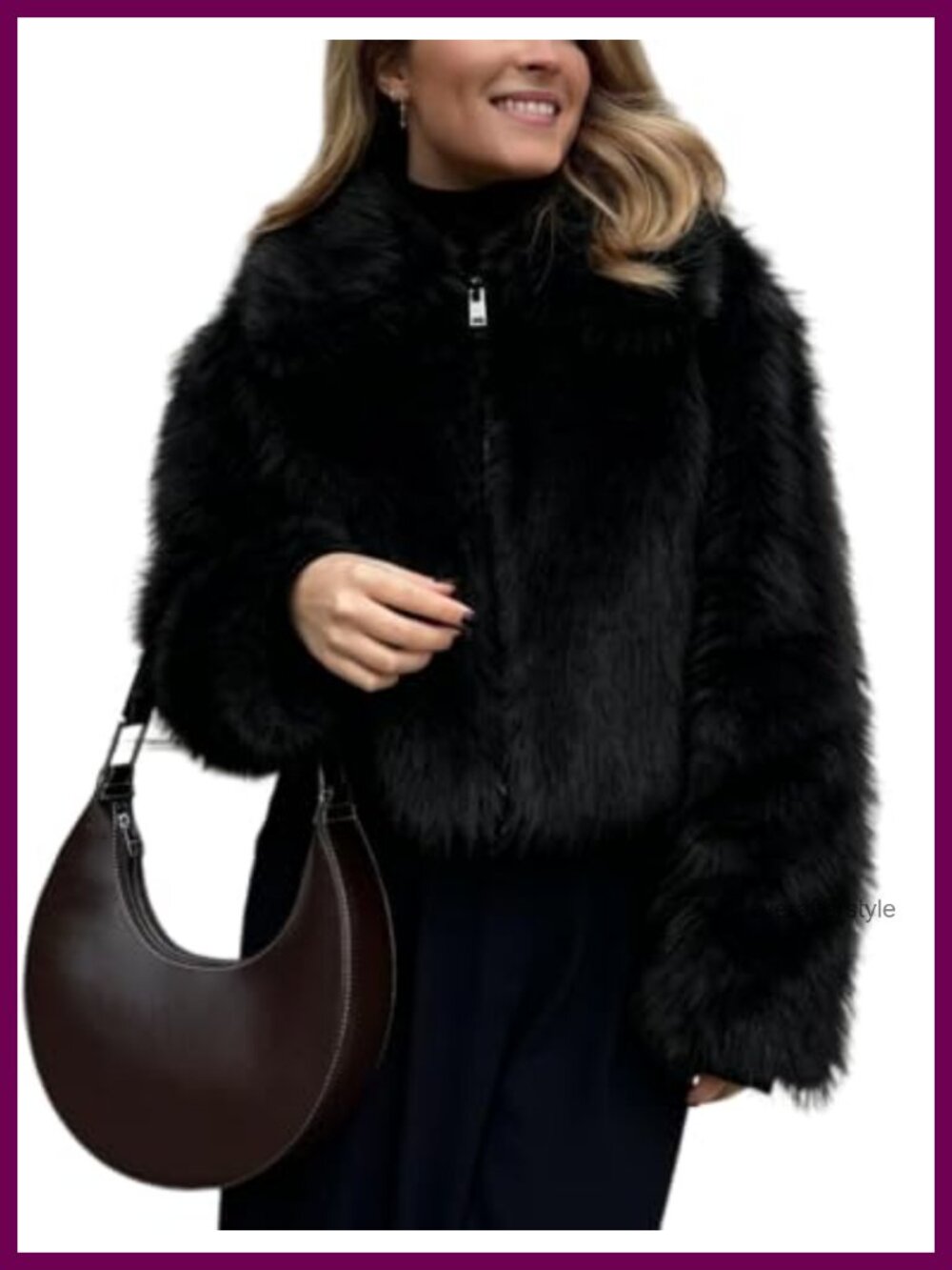 Women Faux Fur Zip Up Cropped Fluffy Jacket Coat